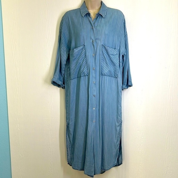 Zara Dresses & Skirts - Zara - Light Blue White Stripe Button Down Lightweight Midi Dress Size Medium
